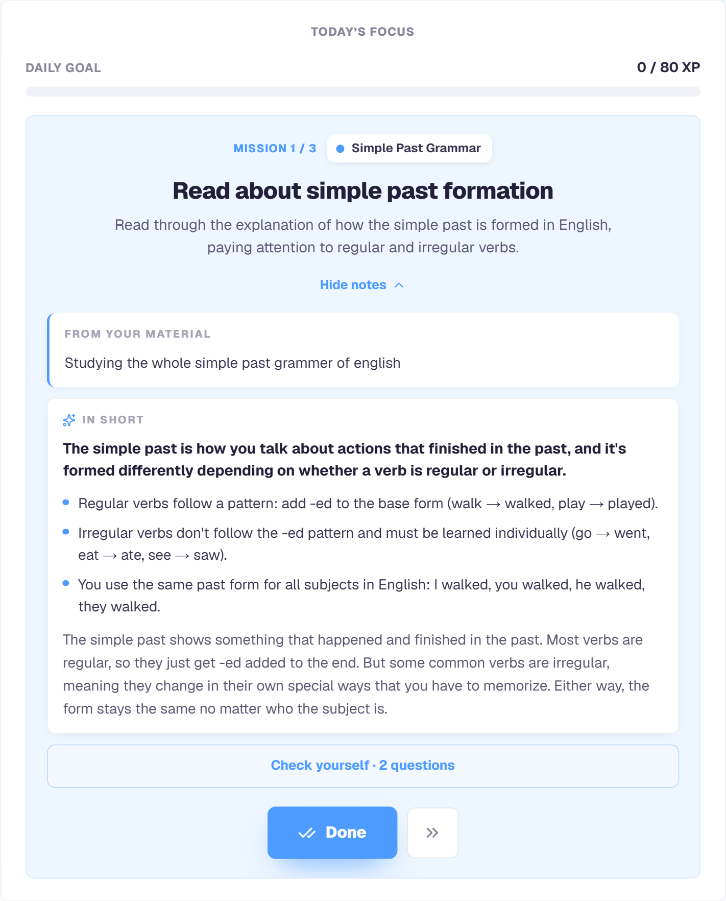 A Skerro mission called Read about simple past formation. It shows the student's own pasted material, then a short explanation of how regular and irregular verbs form the simple past, above a Done button.