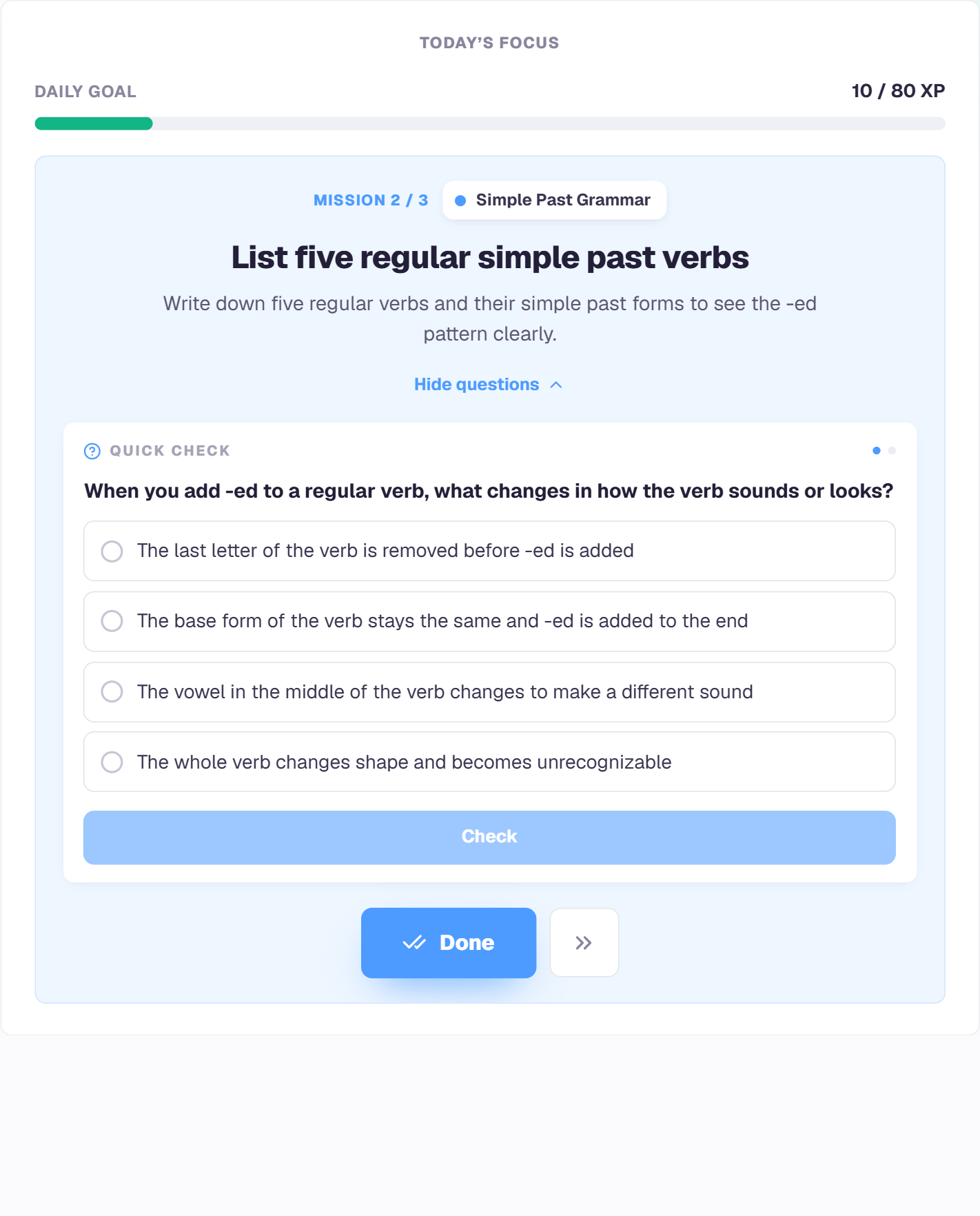 A Skerro mission called List five regular simple past verbs. A quick check asks a multiple choice question about spelling changes before adding -ed, with four options and a Check button.